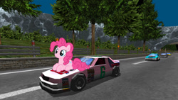 Size: 1189x672 | Tagged: safe, artist:fanvideogames, derpibooru import, pinkie pie, car, female, nascar, race track, racecar, racing, video game