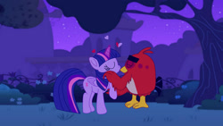 Size: 1192x671 | Tagged: safe, artist:fanvideogames, derpibooru import, twilight sparkle, twilight sparkle (alicorn), alicorn, angry birds, female, kissing, male, red bird, tree