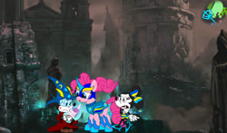 Size: 1166x685 | Tagged: safe, artist:fanvideogames, derpibooru import, pinkie pie, pony, armor, armored pony, baby, baby pony, disney, female, male, mickey mouse, minnie mouse