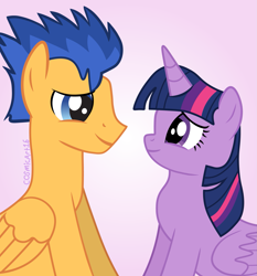 Size: 1565x1680 | Tagged: safe, artist:cosmicart16, derpibooru import, flash sentry, twilight sparkle, twilight sparkle (alicorn), alicorn, pegasus, pony, equestria girls 10th anniversary, female, flashlight, gradient background, looking at each other, looking at someone, male, mare, shipping, simple background, stallion, straight