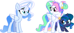 Size: 9849x4449 | Tagged: safe, artist:orin331, artist:shootingstarsentry, derpibooru import, princess celestia, princess luna, oc, oc:frostine, alicorn, pony, absurd resolution, base used, blue eyes, colored wings, ear piercing, earring, female, filly, foal, folded wings, gradient wings, hair bun, hiding, jewelry, looking at each other, looking at someone, piercing, pink eyes, raised hoof, raised leg, simple background, teal eyes, teen celestia, teenager, tiara, transparent background, trio, trio female, wings, woona, young celestia, young luna, younger