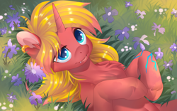 Size: 4000x2500 | Tagged: safe, artist:xvostic, derpibooru import, oc, oc only, oc:cinnamon swirl, pony, unicorn, :o, chest fluff, ear piercing, earring, flower, grass, jewelry, lying down, lying on the ground, on back, open mouth, piercing, scar, solo