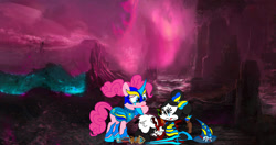 Size: 1230x649 | Tagged: safe, artist:fanvideogames, derpibooru import, pinkie pie, armor, armored pony, crying, death, disney, female, male, mickey mouse, minnie mouse