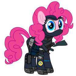 Size: 2800x2800 | Tagged: safe, artist:fanvideogames, derpibooru import, pinkie pie, pony, female, gun, looking at you, police, solo, weapon