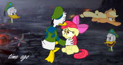 Size: 1228x651 | Tagged: safe, artist:fanvideogames, derpibooru import, apple bloom, applejack, disney, donald duck, female, male