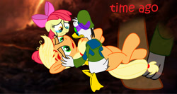 Size: 1228x651 | Tagged: safe, artist:fanvideogames, derpibooru import, apple bloom, applejack, crying, disney, donald duck, female, male