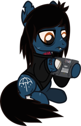 Size: 833x1285 | Tagged: safe, artist:lightningbolt, derpibooru exclusive, derpibooru import, earth pony, pony, undead, zombie, zombie pony, .svg available, bags under eyes, bloodshot eyes, bone, bring me the horizon, clothes, fangs, frown, hoof hold, lidded eyes, lip piercing, long sleeves, looking down, male, oliver sykes, piercing, ponified, scar, sega game gear, show accurate, simple background, sitting, solo, species swap, stallion, stitches, svg, tattoo, torn ear, transparent background, vector, video game