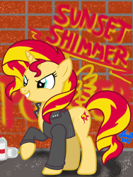 Size: 1536x2048 | Tagged: safe, artist:dust, derpibooru exclusive, derpibooru import, sunset shimmer, pony, unicorn, equestria girls 10th anniversary, equestria girls, equestria girls (movie), brick wall, clothes, digital art, evil grin, female, graffiti, grin, jacket, leather, leather jacket, mare, show accurate, smiling, spray can, text