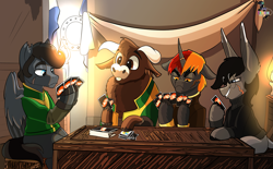 Size: 4299x2658 | Tagged: safe, artist:brainiac, derpibooru import, oc, oc only, oc:cowlick, oc:days end, oc:double back, oc:sunny, bull, cow, donkey, pegasus, pony, unicorn, fallout equestria, cloven hooves, commission, female, male, mare, riverboat, stallion, uno