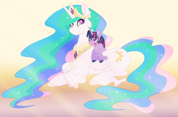 Size: 3244x2131 | Tagged: safe, artist:katsuforov-chan, artist:traveleraoi, derpibooru import, princess celestia, twilight sparkle, unicorn twilight, alicorn, pony, unicorn, :o, alternate hairstyle, colored pupils, crepuscular rays, crossed legs, crown, cute, cutelestia, digital art, duo, duo female, ear fluff, ears, ethereal mane, ethereal tail, female, filly, filly twilight sparkle, flowing mane, flowing tail, foal, folded wings, gradient background, high res, hooves, jewelry, lying down, mare, momlestia, open mouth, peytral, prone, rainbow power, regalia, smiling, sparkles, starry mane, starry tail, tail, twiabetes, unshorn fetlocks, watermark, wide eyes, wings, younger
