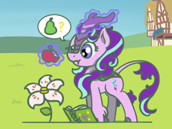 Size: 1800x1350 | Tagged: safe, artist:flutterluv, derpibooru import, part of a set, starlight glimmer, kirin, apple, atg 2023, book, eating, flower, food, kirin-ified, magic, newbie artist training grounds, pear, question mark, solo, species swap, speech bubble, telekinesis