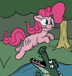 Size: 3768x3996 | Tagged: safe, artist:doodledonutart, derpibooru import, pinkie pie, crocodile, earth pony, pony, atg 2023, female, flower, flower in mouth, forest, high res, jumping, mare, mouth hold, newbie artist training grounds, smiling, solo
