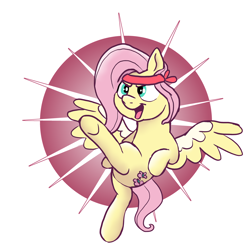 Size: 3216x3148 | Tagged: safe, artist:doodledonutart, derpibooru import, fluttershy, pegasus, pony, atg 2023, bipedal, cute, female, headband, high kick, kicking, mare, newbie artist training grounds, open mouth, open smile, shyabetes, simple background, smiling, solo, spread wings, standing, standing on one leg, white background, wings