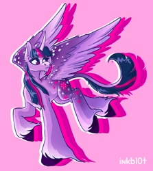 Size: 1234x1381 | Tagged: safe, artist:inkbl0t, derpibooru import, twilight sparkle, alicorn, pony, chest fluff, coat markings, colored hooves, colored wings, curved horn, dappled, horn, large cutie mark, multicolored tail, pink background, raised hoof, raised leg, redesign, simple background, solo, spots, spread wings, tail, unshorn fetlocks, wings