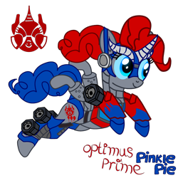 Size: 2600x2600 | Tagged: safe, artist:fanvideogames, derpibooru import, pinkie pie, female, male, optimus prime, simple background, solo, transformers, transparent background