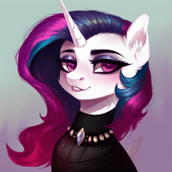 Size: 768x768 | Tagged: safe, ai content, derpibooru import, generator:purplesmart.ai, generator:stable diffusion, machine learning generated, princess celestia, pony, alternate hair color, bust, clothes, gem, goth, horn, jewelry, looking at you, mascara, pony ears, prompter:mr-bat, smiling, smiling at you, teeth, violet eyes