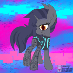 Size: 1280x1280 | Tagged: safe, artist:sweetstrokesstudios, derpibooru import, oc, oc:tansha, pony, unicorn, clothes, collar, cyberpunk, ear piercing, female, hieroglyphics, leotard, lip piercing, mare, piercing, setting: neo somnambula, solo, tattoo, variant