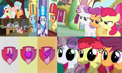 Size: 1881x1126 | Tagged: safe, derpibooru import, edit, edited screencap, editor:incredibubbleirishguy, screencap, apple bloom, applejack, cozy glow, diamond tiara, rainbow dash, rarity, scootaloo, shady daze, sweetie belle, earth pony, pegasus, pony, unicorn, crusaders of the lost mark, marks for effort, one bad apple, ponyville confidential, the cart before the ponies, cutie mark crusaders, hearts and hooves day, meme, the cmc's cutie marks