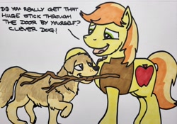 Size: 2048x1431 | Tagged: safe, artist:hoofclid, derpibooru import, braeburn, oc, oc:albus, dog, earth pony, pony, dialogue, duo, hat off, male, pet oc, petting, solo, stallion, stick, traditional art