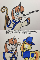 Size: 2048x3072 | Tagged: safe, artist:hoofclid, derpibooru import, braeburn, oc, oc:hoofclid, earth pony, pony, unicorn, age of empires, canon x oc, clothes, dialogue, duo, eyes closed, gay, gritted teeth, looking back, male, open mouth, open smile, palette swap, recolor, robe, shipping, smiling, staff, stallion, teeth, traditional art, wololo