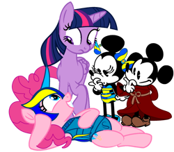 Size: 956x836 | Tagged: safe, artist:fanvideogames, derpibooru import, pinkie pie, twilight sparkle, twilight sparkle (alicorn), alicorn, armor, armored pony, crossover, disney, female, lying down, male, mickey mouse, minnie mouse, simple background, transparent background