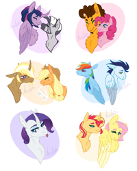 Size: 800x1000 | Tagged: safe, artist:anleeta, derpibooru import, applejack, cheese sandwich, fluttershy, pinkie pie, rainbow dash, rarity, soarin', sunset shimmer, trenderhoof, twilight sparkle, twilight sparkle (alicorn), zecora, alicorn, earth pony, pegasus, pony, unicorn, zebra, bust, cheesepie, female, lesbian, male, mane six, mare, one of these things is not like the others, rarity is not amused, shipping, simple background, soarindash, stallion, straight, sunshyne, tongue, tongue out, trenderjack, twicora, unamused, white background