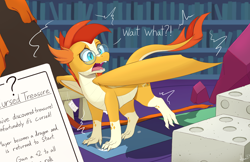 Size: 2000x1295 | Tagged: safe, artist:arcane-thunder, derpibooru import, sunburst, dragon, atg 2023, board game, book, bookshelf, dice, dragon pit, dragonburst, dragonified, glasses, indoors, library, male, newbie artist training grounds, open mouth, solo, species swap, transformation, twilight's castle, twilight's castle library, wait what, wings