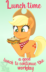 Size: 1150x1788 | Tagged: safe, artist:theretroart88, derpibooru import, part of a set, applejack, earth pony, pony, applejack's hat, clothes, cowboy hat, cute, eating, female, food, freckles, gradient background, green background, hat, jackabetes, mare, movie accurate, sandwich, signature, simple background, solo, text, tongue, tongue out