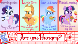 Size: 5120x2880 | Tagged: safe, artist:theretroart88, derpibooru import, part of a set, applejack, rainbow dash, rarity, twilight sparkle, twilight sparkle (alicorn), alicorn, earth pony, pegasus, pony, unicorn, bathrobe, blowing, bread, burger, cake, cheek bulge, clothes, coffee, coffee mug, coffee pot, croissant, cup, cute, dashabetes, diamond, drink, drinking, eating, english, female, folded wings, food, freckles, glowing, glowing horn, gradient background, green background, hay burger, horn, jackabetes, levitation, looking down, magic, magic aura, mare, movie accurate, mug, pizza, plate, poster, raribetes, robe, sandwich, signature, simple background, solo, steam, telekinesis, text, tongue, tongue out, twiabetes, twilight burgkle, wall of tags, wallpaper, wing hands, wing hold, wings
