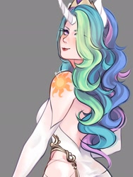Size: 1536x2048 | Tagged: safe, artist:suracao, derpibooru import, princess celestia, human, alternative cutie mark placement, backless, breasts, clothes, dress, eared humanization, evening gloves, eye clipping through hair, eyebrows, eyebrows visible through hair, female, gloves, gray background, hair over one eye, horn, horned humanization, humanized, lipstick, long gloves, looking at you, looking back, looking back at you, princess breastia, rear view, shoulder cutie mark, sideboob, simple background, smiling, smiling at you, solo