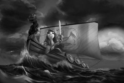 Size: 1500x1000 | Tagged: safe, artist:andromailus, derpibooru import, oc, oc only, oc:nordpone, earth pony, pony, cloud, drakkar, female, looking up, mare, monochrome, ocean, sky, smiling, solo, sword, viking, water, weapon