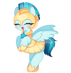 Size: 2748x2820 | Tagged: safe, artist:arwencuack, derpibooru import, pegasus, pony, ^^, armor, bipedal, blushing, commission, cute, eyes closed, female, guardian angel (g4), guardsmare, mare, royal guard, simple background, solo, white background