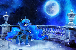 Size: 1910x1262 | Tagged: safe, artist:cianae, derpibooru import, princess luna, alicorn, pony, balcony, female, looking up, mare, moon, raised hoof, raised leg, solo, speedpaint available