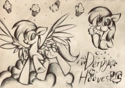 Size: 3443x2429 | Tagged: safe, artist:lydia, derpibooru import, derpy hooves, pegasus, pony, bubble, cloud, cute, eating, flying, food, monochrome, muffin, on a cloud, pencil drawing, sketch, sky, solo, spread wings, traditional art, wings
