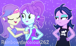 Size: 1162x706 | Tagged: safe, artist:rainbowstarcolour262, derpibooru import, crystal lullaby, snow flower, zephyr, human, equestria girls, bare shoulders, black dress, blue dress, bracelet, clothes, dress, dyed hair, ear piercing, earring, eyes closed, eyeshadow, female, gradient background, green eyes, hand on hip, hand on shoulder, headband, jewelry, lidded eyes, lipstick, long hair, looking at each other, looking at someone, makeup, necklace, pearl bracelet, pearl necklace, piercing, ponytail, purple dress, purple eyes, short hair, signature, sleeveless, sleeveless dress, strapless, strapless dress, trio, trio female, unamused