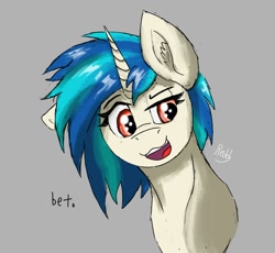 Size: 2152x1977 | Tagged: safe, artist:reddthebat, derpibooru import, dj pon-3, vinyl scratch, pony, unicorn, bet, bust, female, gray background, mare, missing accessory, open mouth, open smile, simple background, smiling, solo