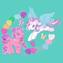Size: 1080x1080 | Tagged: safe, derpibooru import, skywishes, star catcher, butterfly, earth pony, pegasus, pony, g3, duo, duo female, female, flower, hasbro, implied lesbian, lesbian, lgbt, official, pride, pride month, rainbow colors, shipping, shipping fuel, simple background, skycatcher, t shirt design, teal background, transgender