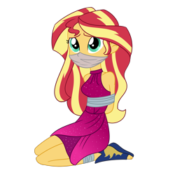 Size: 2000x2000 | Tagged: safe, artist:splendidbondage, derpibooru import, sunset shimmer, human, better together, equestria girls, spring breakdown, bondage, bound and gagged, cloth gag, gag, simple background, solo, tape, tape bondage, tied up, transparent background