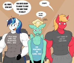 Size: 2091x1762 | Tagged: safe, artist:matchstickman, derpibooru import, big macintosh, shining armor, zephyr breeze, anthro, earth pony, pegasus, unicorn, abs, biceps, clothes, deltoids, dialogue, great macintosh, gym, male, muscles, muscular male, nervous, pecs, shirt, sleeveless, speech bubble, swelling armor, trio