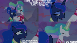 Size: 2000x1125 | Tagged: safe, derpibooru import, edit, edited screencap, editor:quoterific, screencap, princess celestia, princess luna, between dark and dawn