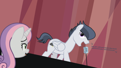 Size: 1364x764 | Tagged: safe, artist:lunaticdawn, derpibooru import, rumble, sweetie belle, pegasus, pony, unicorn, bedroom eyes, drool, female, male, mare, microphone, microphone stand, oh no he's hot, older, older rumble, older sweetie belle, rumbelle, shipping, show accurate, singing, stage, stallion, standing, straight, text, tongue, tongue out