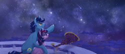 Size: 6797x2930 | Tagged: safe, artist:shaslan, derpibooru import, night light, twilight sparkle, unicorn twilight, pony, unicorn, duo, father and child, father and daughter, female, male, night, parent and child, shooting star, stargazing, telescope