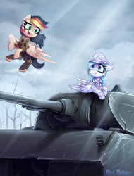 Size: 2192x2890 | Tagged: safe, artist:opal_radiance, derpibooru import, oc, oc only, oc:anja, oc:opal rosamond, pegasus, pony, equestria at war mod, clothes, duo, duo female, female, flying, folded wings, high res, mare, maus tank, open mouth, open smile, pegasus oc, signature, smiling, snow, spread wings, suit, tank (vehicle), uniform, white, wings, world war ii