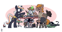 Size: 3400x1800 | Tagged: safe, artist:php104, derpibooru import, oc, oc only, oc:calamity, oc:littlepip, oc:velvet remedy, pegasus, pony, unicorn, fallout equestria, battle saddle, eating, food, gun, handgun, hat, little macintosh, magic, meat, nuka cola, ponies eating meat, raised hoof, raised leg, revolver, simple background, sitting, table, telekinesis, weapon