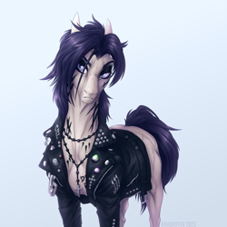 Size: 2000x2000 | Tagged: safe, artist:dementra369, derpibooru import, oc, oc only, oc:coffin, earth pony, pony, aromantic pride flag, clothes, cross, cross necklace, greysexual pride flag, jacket, jewelry, leather, leather jacket, makeup, necklace, pride, pride flag, solo