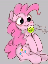 Size: 3072x4096 | Tagged: safe, artist:twiliset, derpibooru import, pinkie pie, earth pony, pony, blushing, candy, cute, diapinkes, food, gray background, happy, looking at you, say anything, simple background, smiling, smiling at you, solo