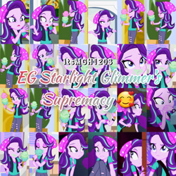 Size: 1920x1920 | Tagged: safe, derpibooru import, edit, edited screencap, editor:itsmgh1203, screencap, starlight glimmer, human, equestria girls, mirror magic, spoiler:eqg specials, beanie, canterlot mall, cinema, covering, covering mouth, eyes closed, female, food, frown, hat, ice cream, ice cream cone, one eye closed, open mouth, open smile, smiling, solo, statue, text, that human sure does love ice cream, wink