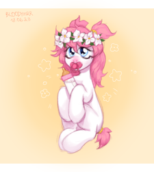 Size: 3000x3326 | Tagged: safe, artist:bloodymrr, derpibooru import, oc, oc only, oc:lily, earth pony, pony, abdl, age regression, bottle, cute, floral head wreath, flower, flower in hair, gradient background, pacifier, solo, younger