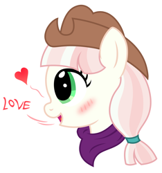 Size: 2318x2479 | Tagged: safe, artist:third uncle, derpibooru import, penny ante, earth pony, pony, background pony, blushing, cowboy hat, cute, female, hat, love, mare, neckerchief, pigtails, simple background, solo, white background