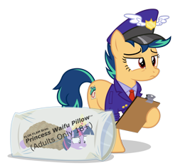 Size: 5500x5200 | Tagged: safe, artist:gypsykumquat, derpibooru import, twilight sparkle, oc, oc only, oc:blue fire, earth pony, pony, .svg available, absurd resolution, bag, bdsm, body pillow, bondage, clipboard, clothes, crown, delivery, earth pony oc, female, hat, inkscape, jewelry, mailbag, mailmare, mailmare hat, mailmare uniform, mailpony, mailpony uniform, package, pillow, plastic bag, regalia, rope, rope bondage, show accurate, simple background, solo, svg, text, transparent background, uniform, uniform hat, vector